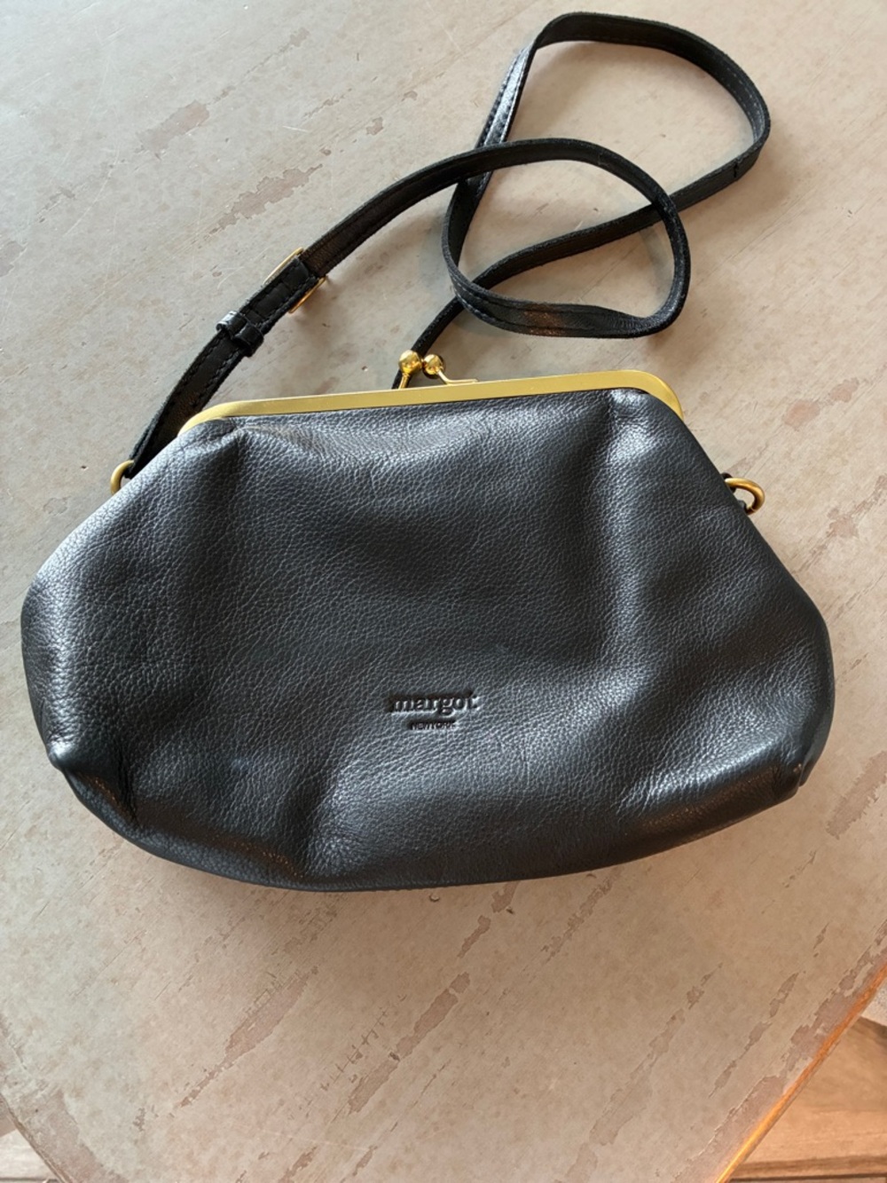 margot Black Leather Kiss-Lock Crossbody Bag with Gold Frame